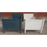 A pair of antique pine single sleigh beds, one painted blue, the other grey. 90cm high x 206cm