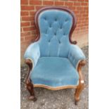 A Victorian mahogany spoon back show wood armchair upholstered in a buttoned blue velvet, raised