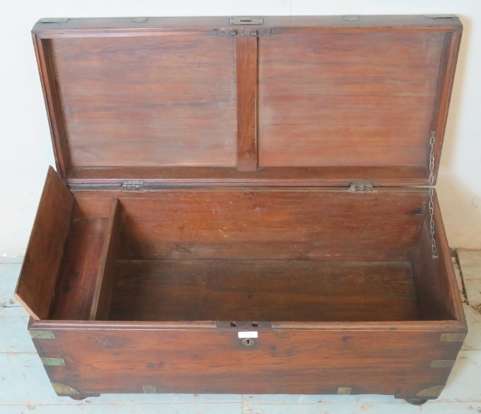 A 19th century oak brass bound campaign chest with internal candle holder box, raised on bun feet. - Image 3 of 3