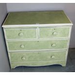 A 19th century painted chest of 2 short over 2 long drawers with turned handles painted green &