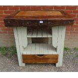 A vintage oak butcher's block with under tier shelves and drawer to base. 53cm high x 90cm wide x