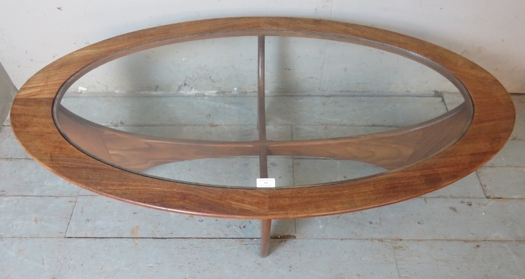 A mid century teak Astro oval coffee table by G Plan with glass inset. 42cm high x 123cm wide x 66cm - Image 2 of 3