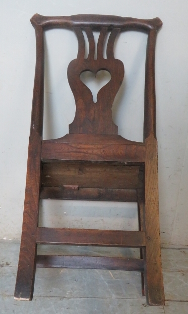 An 18th century oak hall chair with a shaped & pierced back splat depicting a love heart, possibly - Image 3 of 3