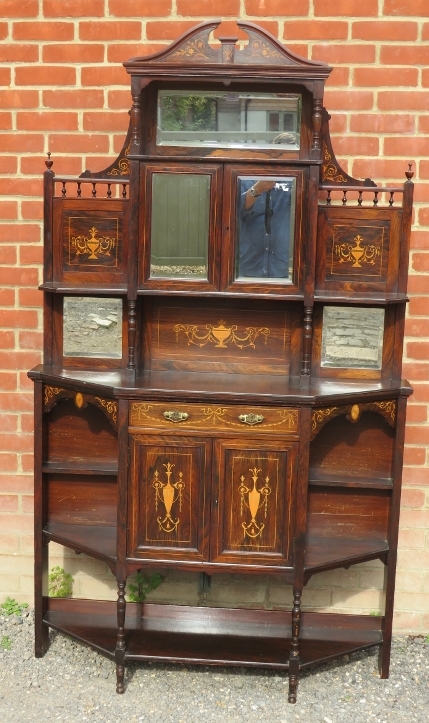 An Edwardian rosewood marquetry inlaid side cabinet with bevelled mirror panels, single drawer and