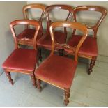 A set of five Victorian mahogany balloon back dining chairs upholstered in a deep rich pink
