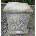 A reconstituted stone plinth. 30cm high x 24cm wide x 24cm deep (approx).