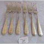 Six silver Victorian table forks with beaded pattern handles and with scroll motifs to handles.