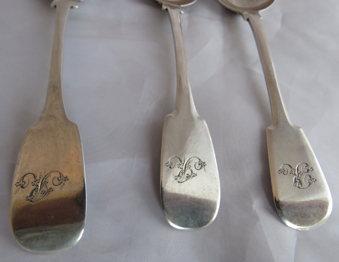 3 early C19th Scottish Aberdeen silver fiddle pattern dessert spoons. 2 maker JP - James Pirie, - Image 3 of 7
