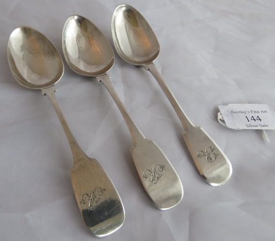 3 early C19th Scottish Aberdeen silver fiddle pattern dessert spoons. 2 maker JP - James Pirie,