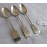 3 early C19th Scottish Aberdeen silver fiddle pattern dessert spoons. 2 maker JP - James Pirie,