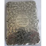 A silver foliate design cigarette case with inscription to centre panel. Chester 1896, maker William