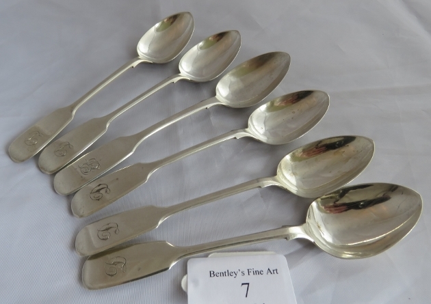 6 fiddle pattern Exeter silver teaspoons. 5 marked Exeter 1844, maker Robert Williams and 1 Exeter