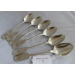 6 fiddle pattern Exeter silver teaspoons. 5 marked Exeter 1844, maker Robert Williams and 1 Exeter