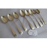 An assorted collection of 8 silver teaspoons comprising 5 C19th Georgian spoons and 3 early C20th. 2