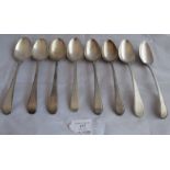 A collection of 8 Georgian silver tablespoons with beaded pattern handle, comprising three circa