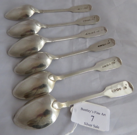 6 fiddle pattern Exeter silver teaspoons. 5 marked Exeter 1844, maker Robert Williams and 1 Exeter - Image 2 of 3