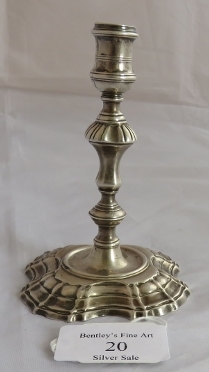 A George II silver taperstick London 1743, maker John Cafe. Weight 124 grams, height 4.25 inches.