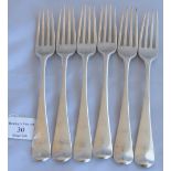A set of 6 silver Georgian table forks, London 1792, maker Richard Crossley. Total weight 414 grams,