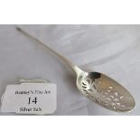 An C18th silver mote spoon, marked only with lion passant, maker T D probably Thomas Dene. Weight 13