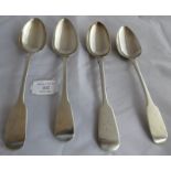 4 Georgian silver fiddle pattern tablespoons. Exeter 1836, maker Williams Rawlings Sobey, London