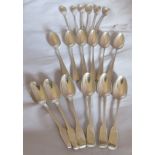 18 small silver silver spoons comprising 3 sets, being 6 Scottish C18th mustard spoons, maker PR,