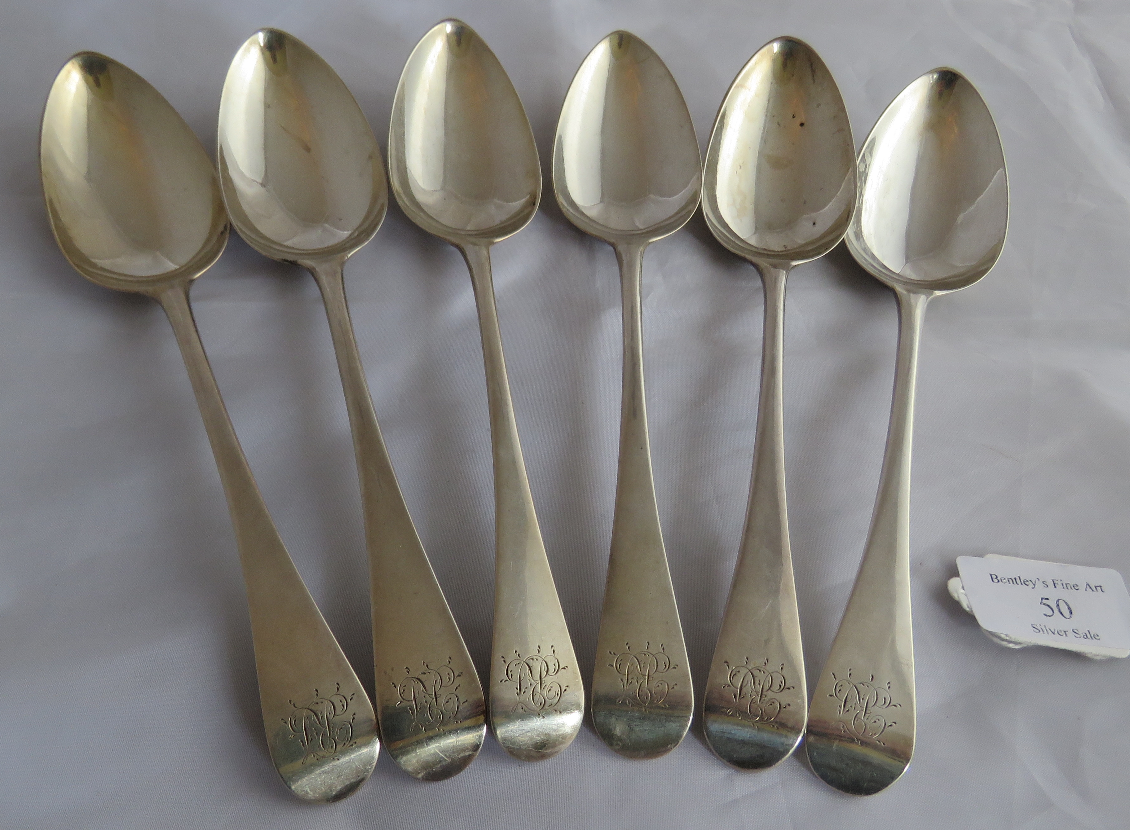 Set of 6 C18th tablespoons, mono to handle. London 1793, maker George Smith III & William Fearn.