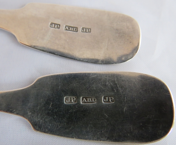 3 early C19th Scottish Aberdeen silver fiddle pattern dessert spoons. 2 maker JP - James Pirie, - Image 6 of 7