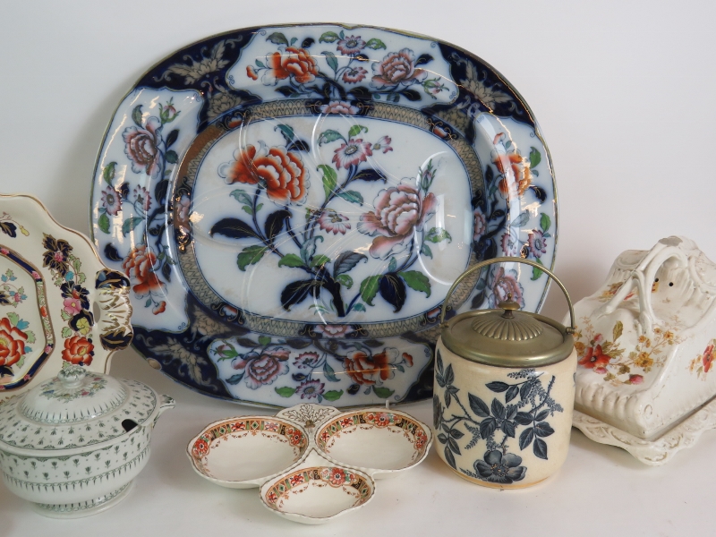 Two large Ironstone meat platters, two covered cheese dishes, a biscuit barrel, lidded tureen and - Image 3 of 4
