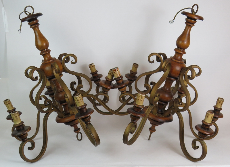 Two gilt metal and wood six branch electric chandeliers, height 70cm. (2). Condition report: Vintage - Image 2 of 3