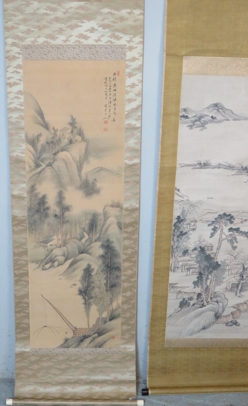 Two hand painted Chinese silk scrolls each depicting traditional landscapes, both signed. One boxed. - Image 2 of 6