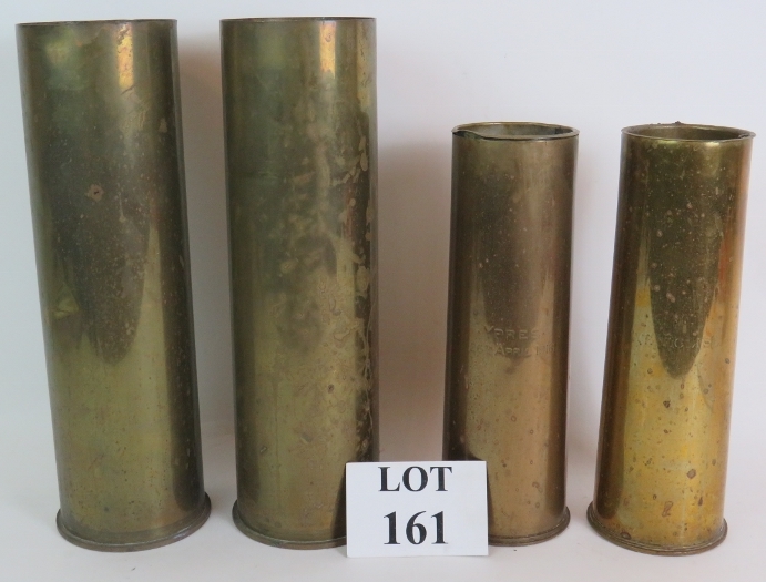 A pair of WWI British trench art shell cases, one engraved Ypres 26th April 1916, one engraved Neuve