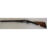 12 bore side by side, boxlock ejector, double trigger, 25 1/4 barrels, 14 1/4 stock. Barrels