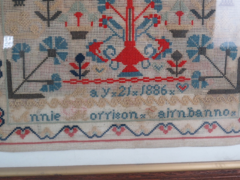 A 19th Century Scottish needlework sampler in oak frame, signed Annie Morrison Cairnbanno May 21st - Image 2 of 3