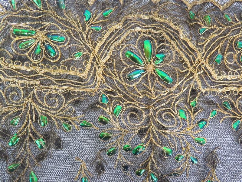 An antique finely worked silk panel with white metal thread possibly silver (80cm x42cm), plus a - Image 6 of 6