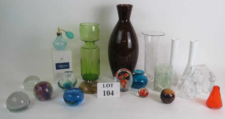 A collection of mainly studio glass and paperweights including Caithness, Mdina, Thomas Webb and