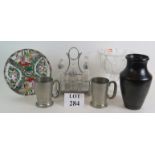 A black Dickerware vase, pedestal crystal bowl six piece cruet set, Chinese famille rose style plate
