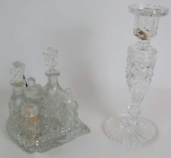 A four piece cut crystal dressing table set, three similar covered jars, a cut glass candlestick and - Image 5 of 7