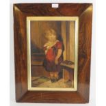 British School (19th Century) - 'Young girl in a red dress', oil on panel, inset good 19th Century