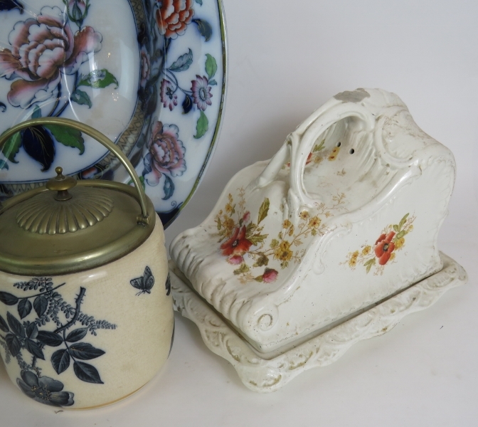 Two large Ironstone meat platters, two covered cheese dishes, a biscuit barrel, lidded tureen and - Image 4 of 4