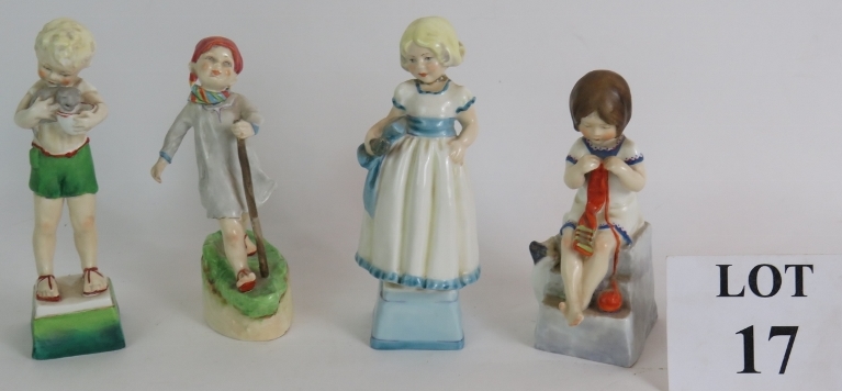 Four Royal Worcester porcelain figurines by Freda Doughty, Monday's Child, Thursday's Child,