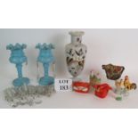 A pair of antique glass table lustres with spare crystals, a hand decorated milk glass vase, a