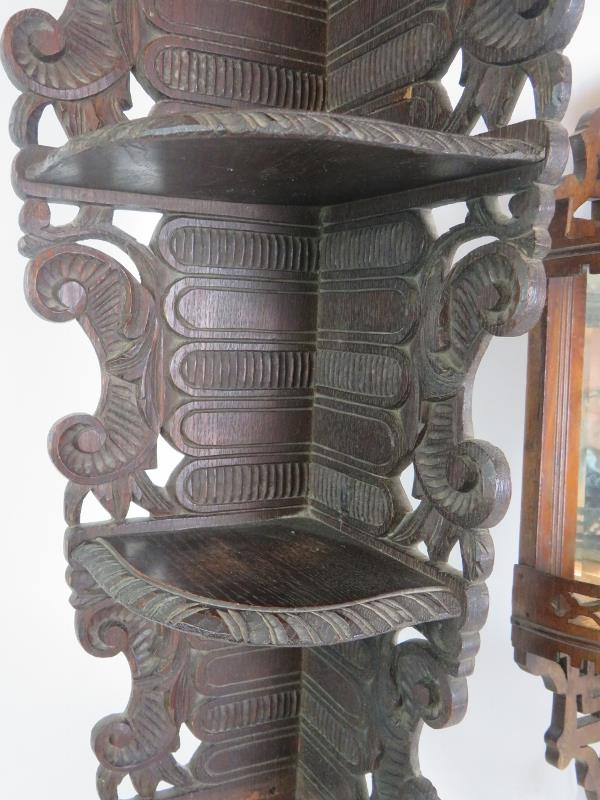 Two sets of antique corner shelves, one with scroll carved sides and shelves, the other with inset - Image 2 of 3