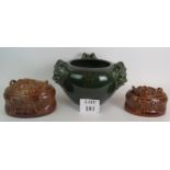 Two brown Portmeirion game casserole dishes and a large early 20th Century green glazed Jardinière
