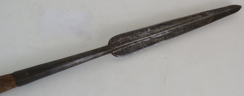 An antique steel headed spear possibly European on oak or hickory shaft, head 33cm long, overall