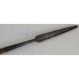 An antique steel headed spear possibly European on oak or hickory shaft, head 33cm long, overall