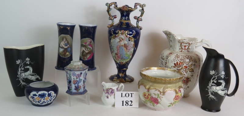 Two Crown Devon Pegasus design vases, an Edwardian toilet jug, Bridgwood jardinière and some items