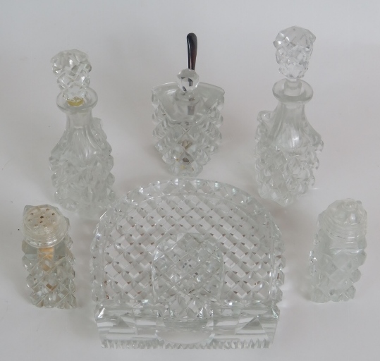 A four piece cut crystal dressing table set, three similar covered jars, a cut glass candlestick and - Image 7 of 7