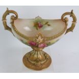 A 1920's Royal Worcester Blush hand decorated navette shaped pedestal urn painted with rose