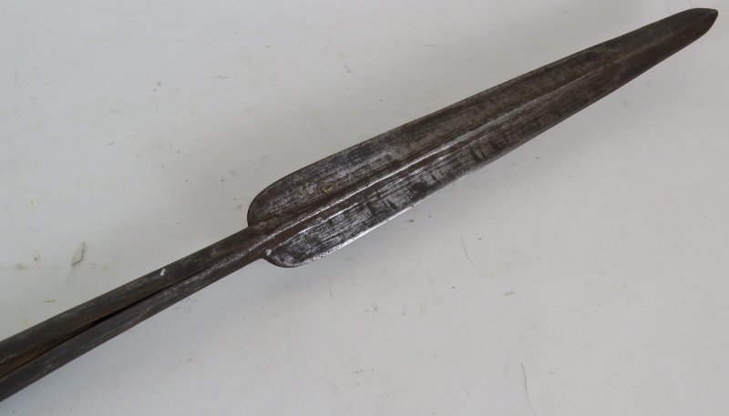 An antique steel headed spear possibly European on oak or hickory shaft, head 33cm long, overall - Image 3 of 4