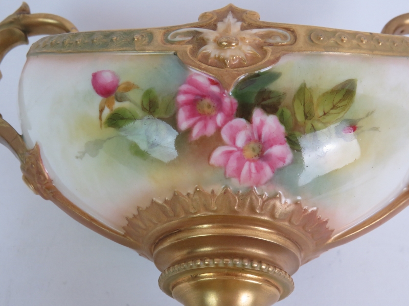 A 1920's Royal Worcester Blush hand decorated navette shaped pedestal urn painted with rose - Image 5 of 5